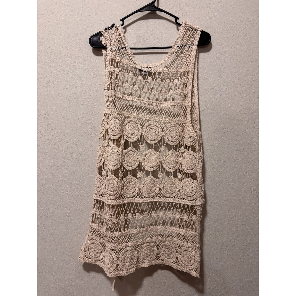 YAIRA Cotton Crochet Duster Open Front Cardigan Tank Top M Coastal Cottagecore - Picture 4 of 13